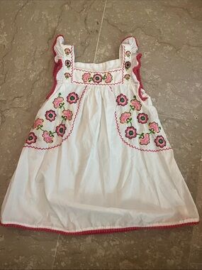 Sunuva White Kids Casual Dress with Pink Floral Embroidery
